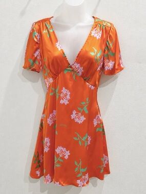 From Future Silk Mini Dress Orange Floral Size 4 Flutter Sleeve
